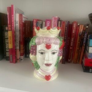 Hand Crafted Cream and Pink Ceramic Decorative Head Vase Moorish Head